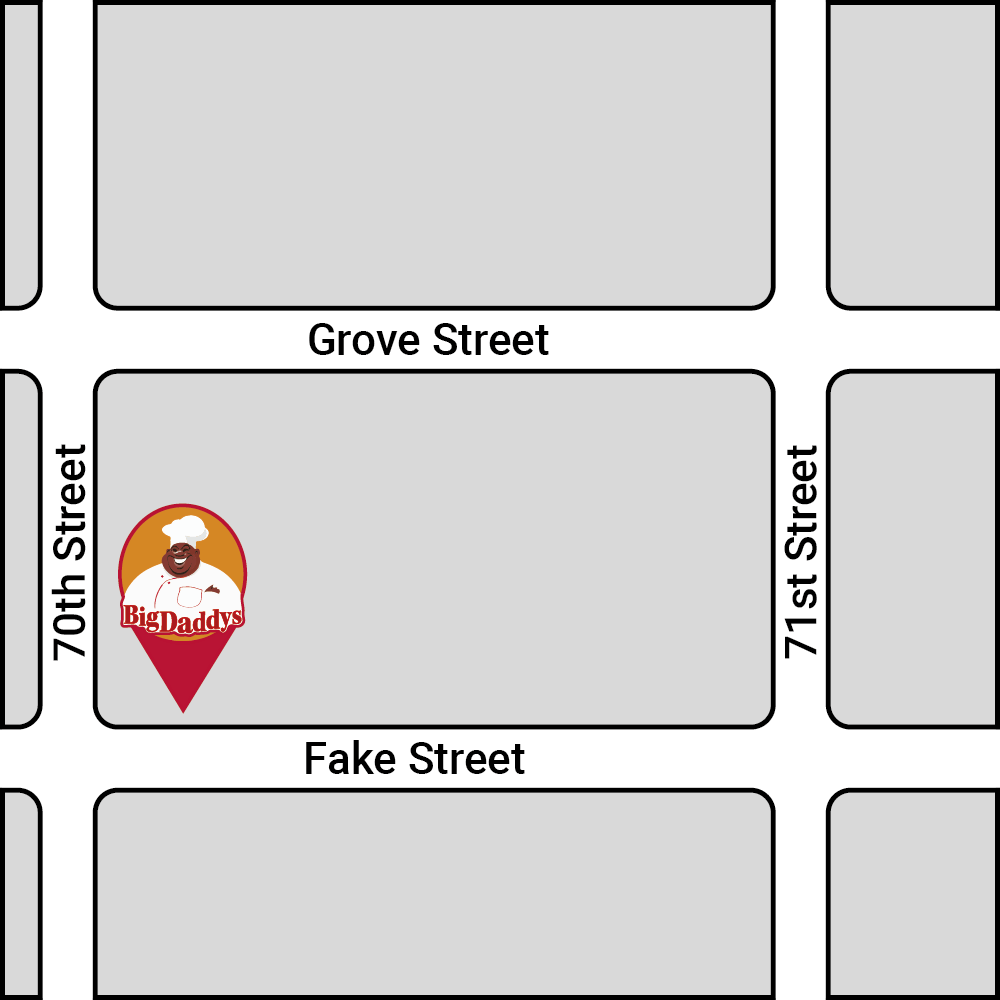 Map showing Big Daddys location on the corner of Fake Street and 70th Street.