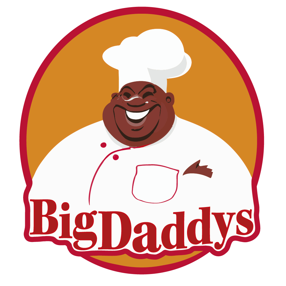 Big Daddys logo. A cartoon of a large black chef wearing a white chef's jacket, puffy chefs hat, set on an orange circle with red border.